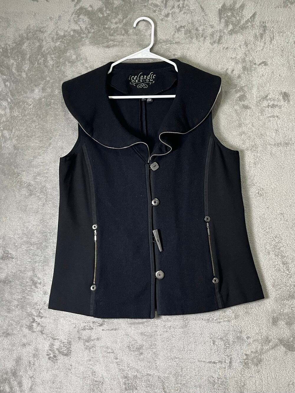 Icelandic Design XL Black Wool Blend Vest Sculptural Collar Zip Nordic Artsy